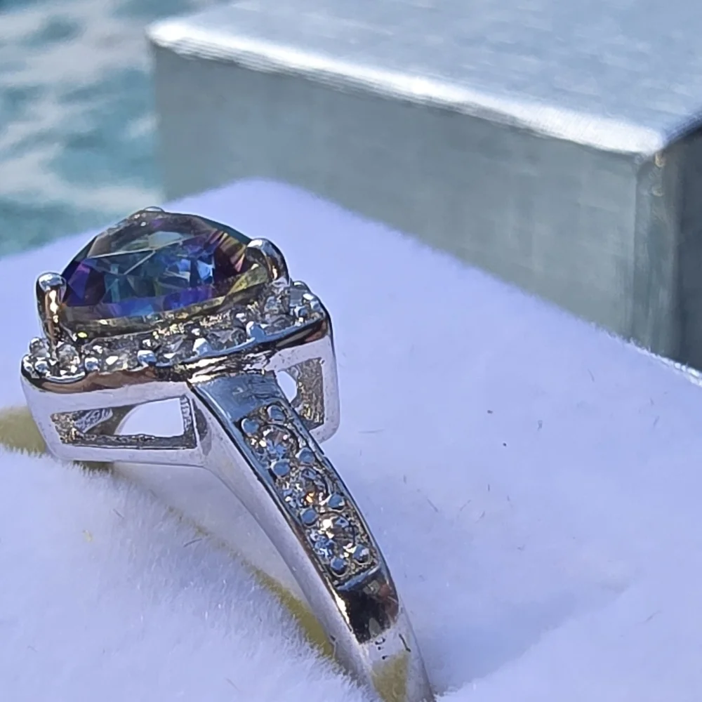Mystic Topaz Rainbow Trilliant (Trillion) Cut 925 Sterling Silver Ring Pave